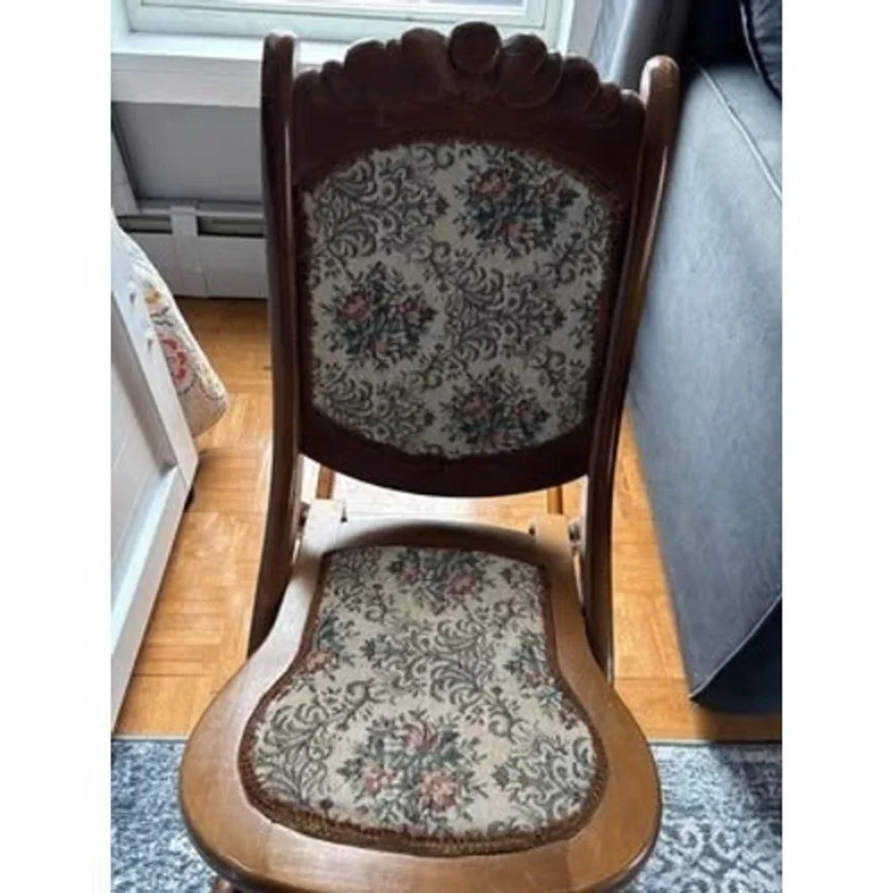 Vintage Folding Rocking Chair Wood Carved Floral Tapestry Upholstered Portable